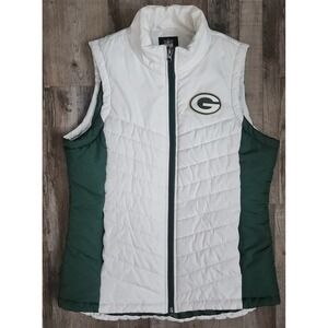 NFL Green Bay Packers Puffer Vest Women M White Green Full Zip Quilted Logo
